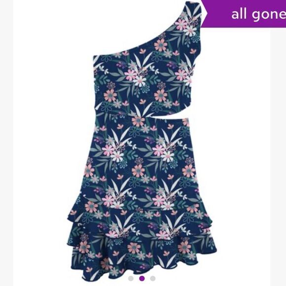 Trend blossoms Navy & Light Pink Floral One-Shoulder Ruffle-Hem Dress - Girls 10 - Picture 2 of 5